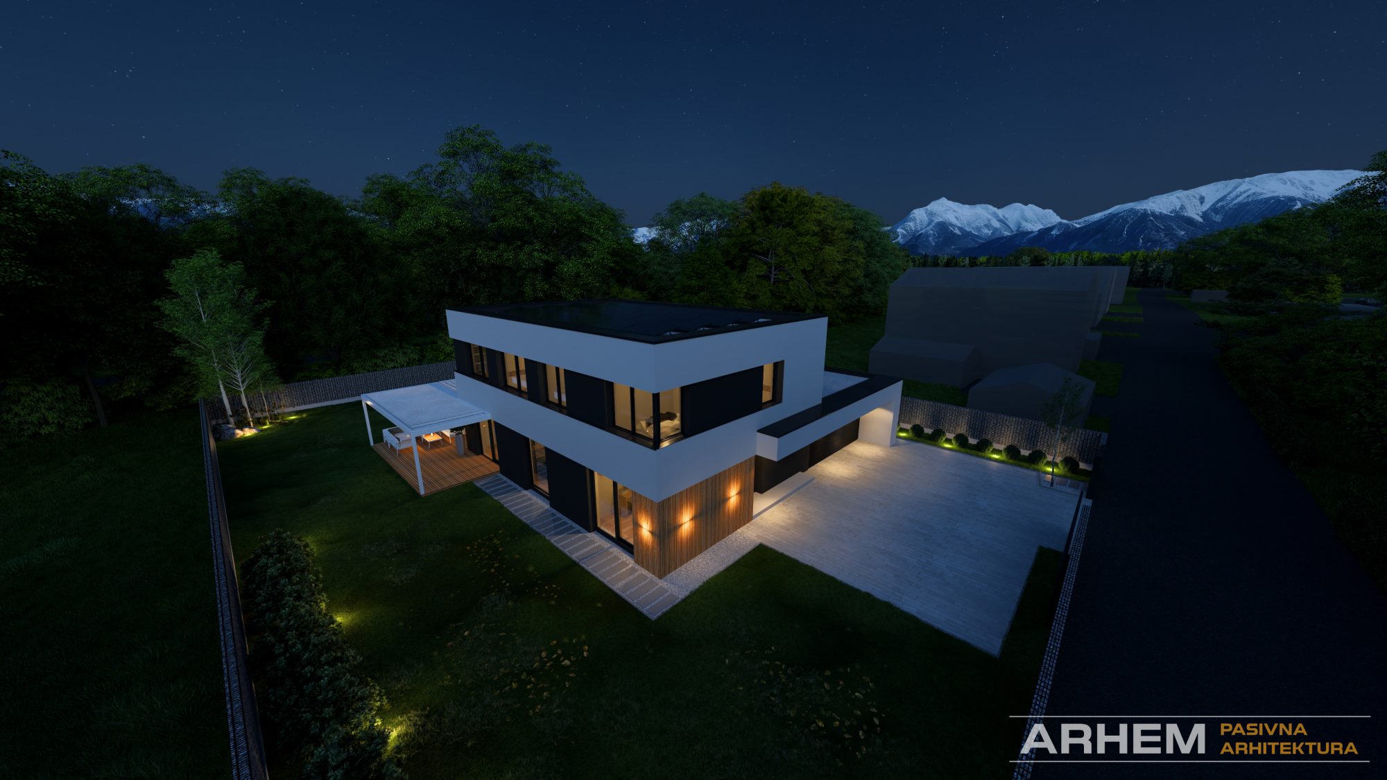 Pasivna hisa T – Arhem.si in Pasivnagradnja.si – nocni_18 – Photo Pasivna hiša v Ljubljani – Nočni pogled iz zraka na JV del objekta. Projekt: Arhem.si in PasivnaGradnja.si