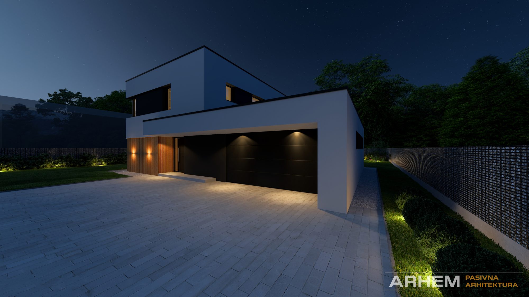 Pasivna hisa T – Arhem.si in Pasivnagradnja.si – nocni_21 – Photo Pasivna hiša v Ljubljani – Nočni pogled na garažo in vhod v Pasivno hišo. Projekt: Arhem.si in PasivnaGradnja.si