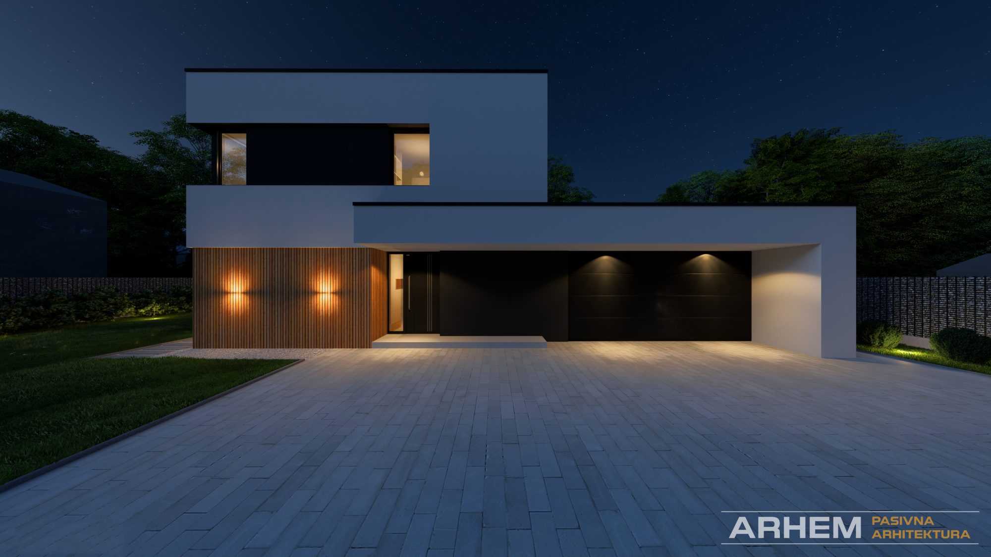 Pasivna hisa T – Arhem.si in Pasivnagradnja.si – nocni_22 – Photo Pasivna hiša v Ljubljani – Nočni pogled na vhodni del objekta. Projekt: Arhem.si in PasivnaGradnja.si