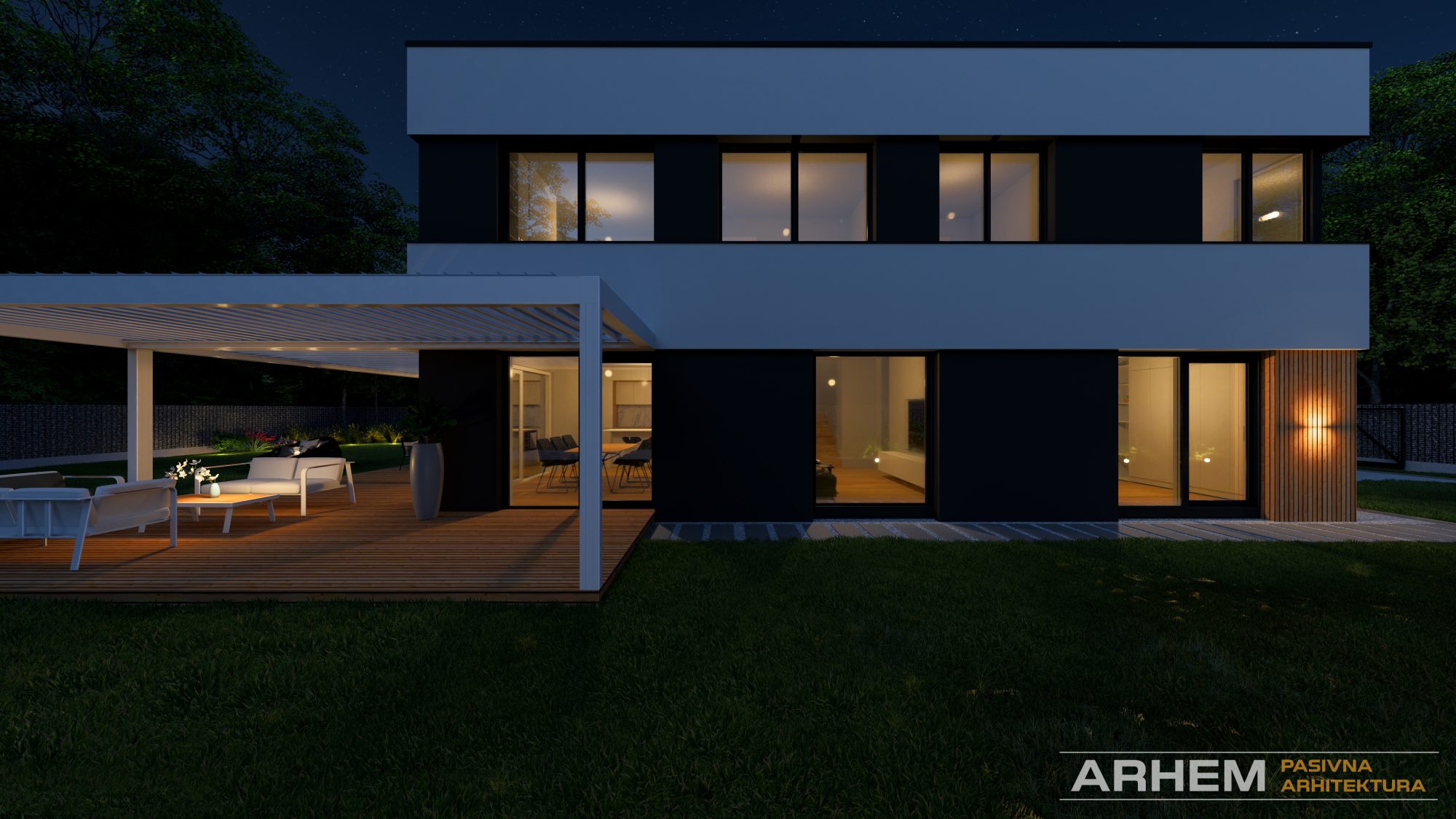 Pasivna hisa T – Arhem.si in Pasivnagradnja.si – nocni_23 – Photo Pasivna hiša v Ljubljani – Pogled na južne prostore pasivne v pritličju pasivne hiše. Projekt: Arhem.si in PasivnaGradnja.si