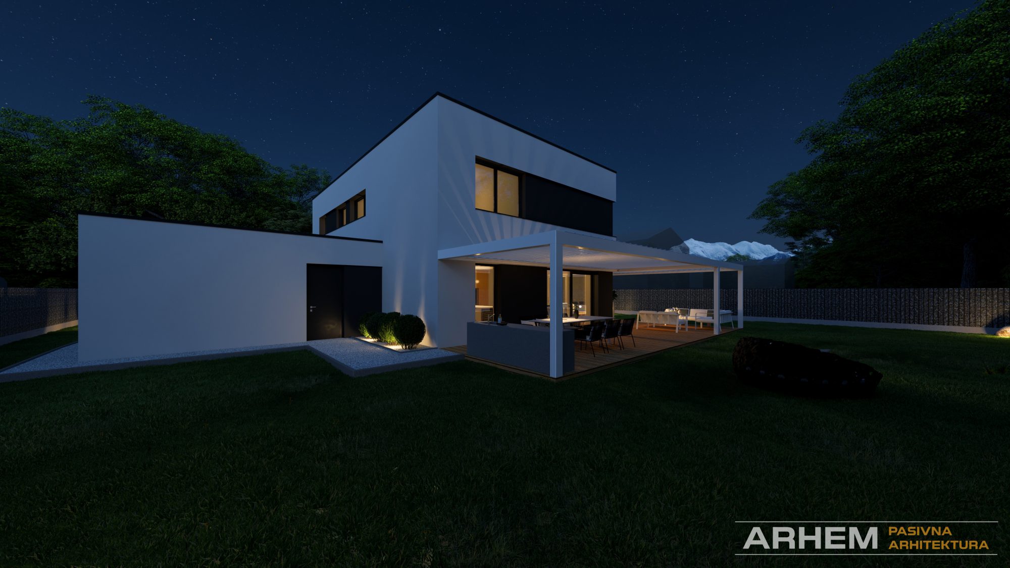 Pasivna hisa T – Arhem.si in Pasivnagradnja.si – nocni_26 – Photo Pasivna hiša v Ljubljani – Zasebni del dvorišča s teraso, letno kuhinjo in vrtno lopo v sklopu garaže. Projekt: Arhem.si in PasivnaGradnja.si