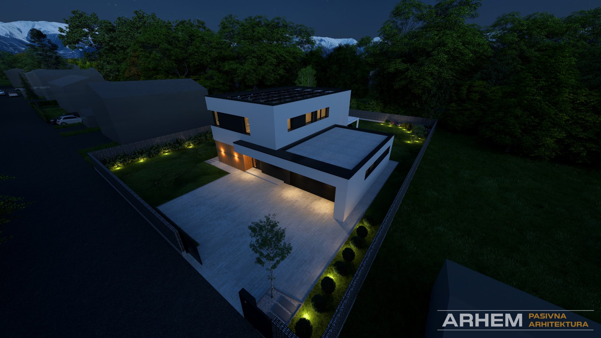 Pasivna hisa T – Arhem.si in Pasivnagradnja.si – nocni_30 – Photo Pasivna hiša v Ljubljani – Uvoz in dvorišče na vzhodni strani Pasivne hiše. Projekt: Arhem.si in PasivnaGradnja.si