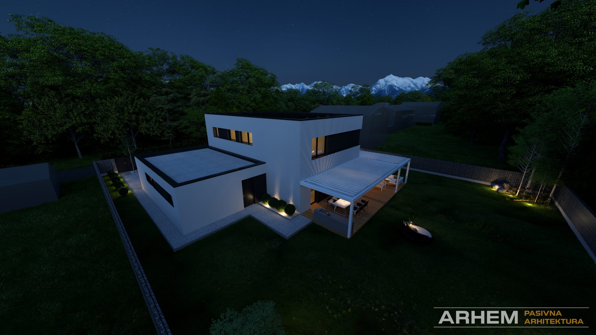 Pasivna hisa T – Arhem.si in Pasivnagradnja.si – nocni_32 – Photo Pasivna hiša v Ljubljani – Pogled na SZ del objekta, kjer je garaža z lopo ob Pasivni hiši. Projekt: Arhem.si in PasivnaGradnja.si
