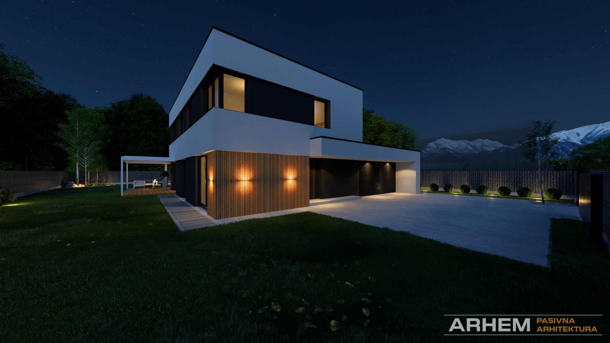 Pasivna hisa T – Arhem.si in Pasivnagradnja.si – nocni_33 – Photo Pasivna hiša v Ljubljani – Vhodni del z nadkritim vhodom. Projekt: Arhem.si in PasivnaGradnja.si