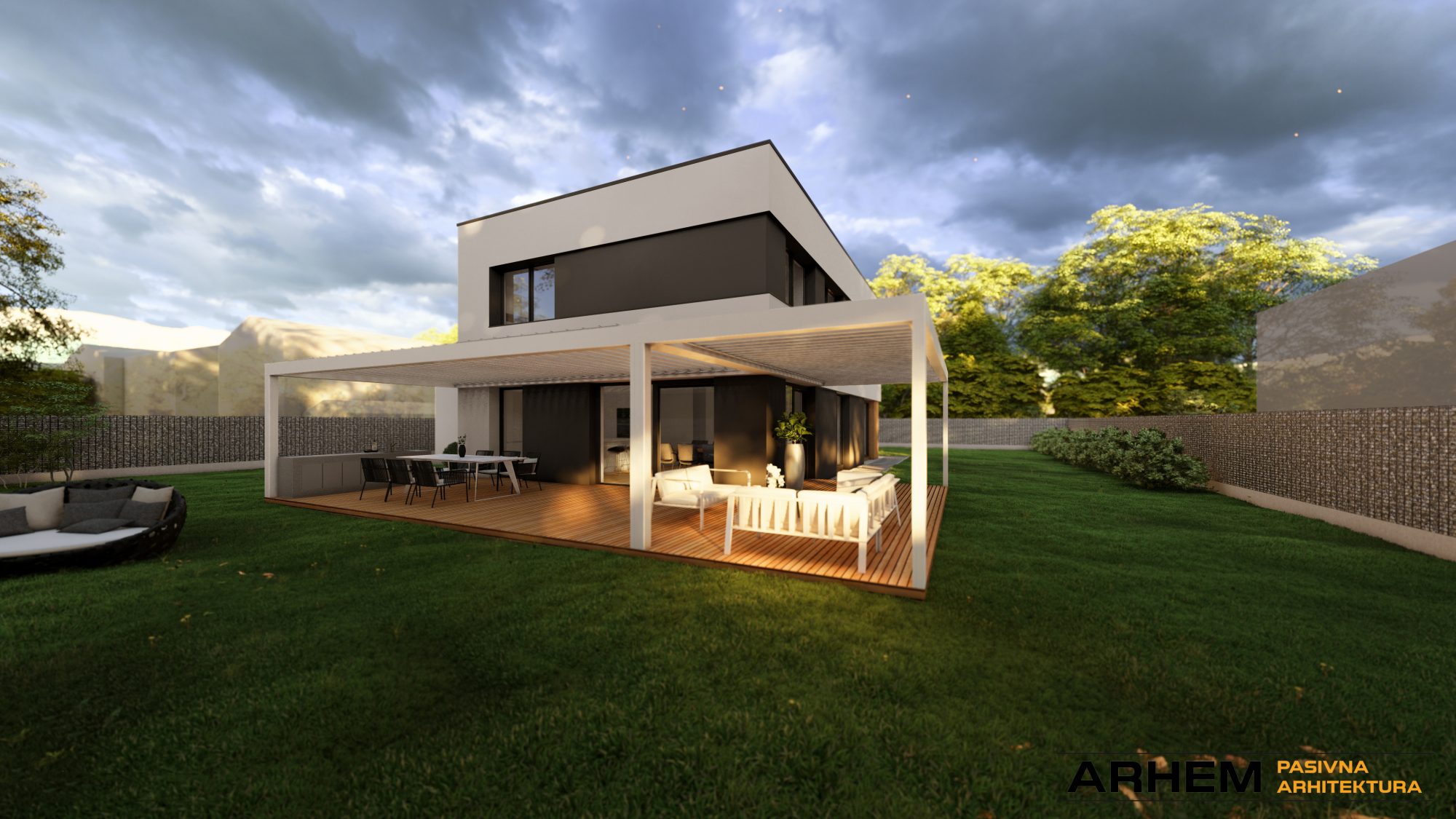Pasivna hiša T – Ljubljana – Arhem.si in PasivnaGradnja.si_Photo – 5 Pasivna hiša v Ljubljani – Terasa na zahodni strani objekta, nadkrita s pergolo. Projekt: Arhem.si – PasivnaGradnja.si