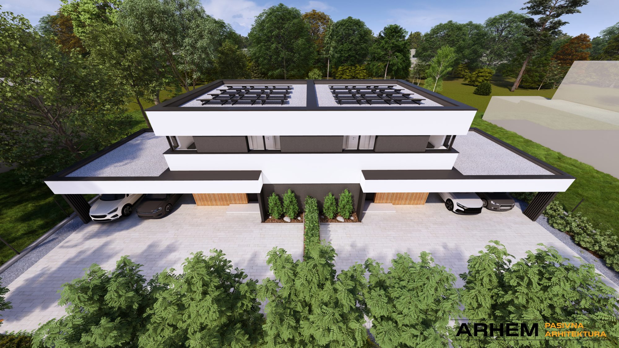 Pasivni dvojček P- Domžale – Arhem.si in PasivnaGradnja.si – dnevni_14 – vizualizacija Pasivna hiša dvojček v Domžalah – sodobna arhitektura z vrtom in nadstreškom, projekt Arhem.si – PasivnaGradnja.si