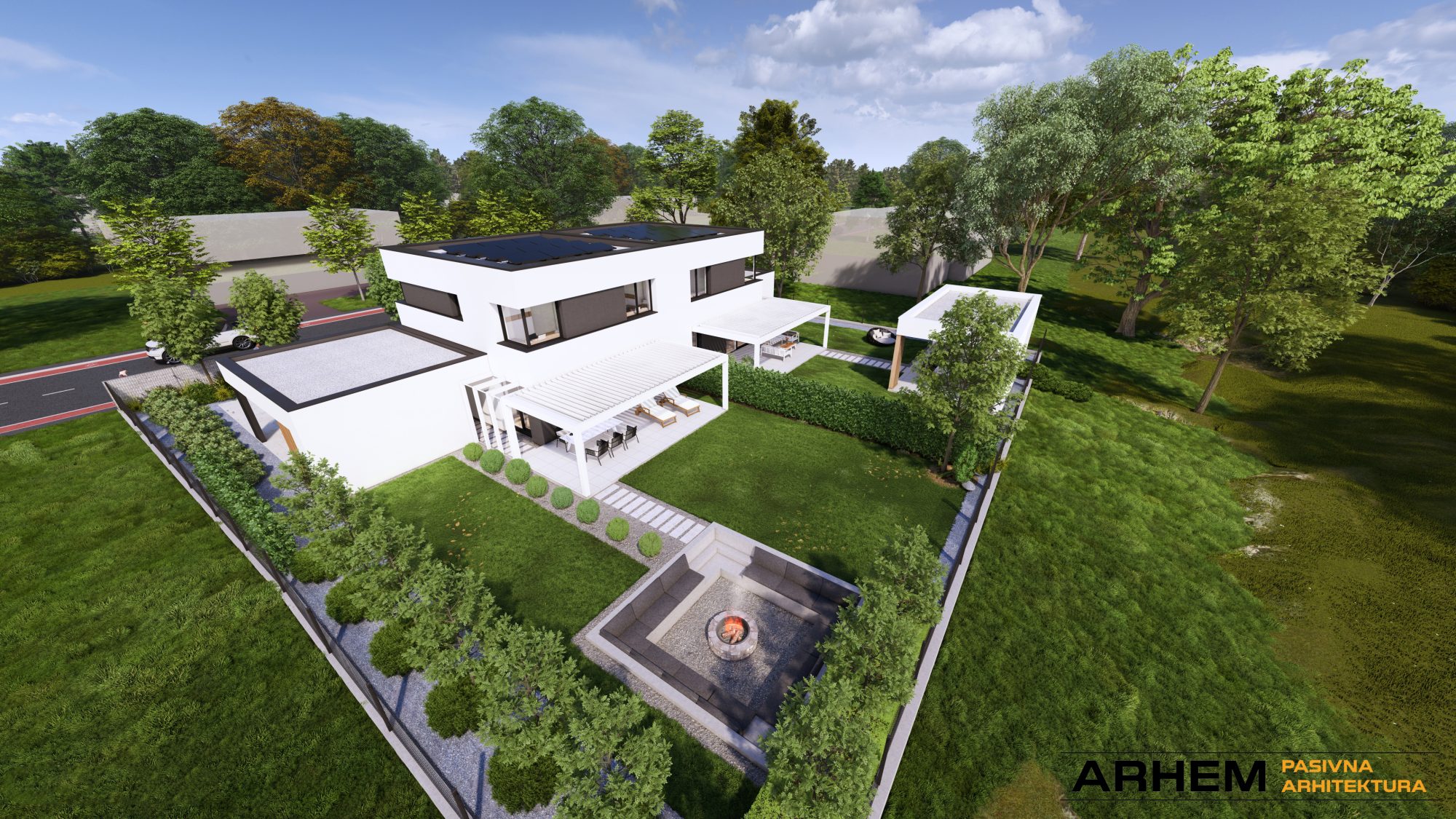 Pasivni dvojček P- Domžale – Arhem.si in PasivnaGradnja.si – dnevni_16 – vizualizacija Pasivna hiša dvojček v Domžalah – sodobna arhitektura z vrtom in nadstreškom, projekt Arhem.si – PasivnaGradnja.si