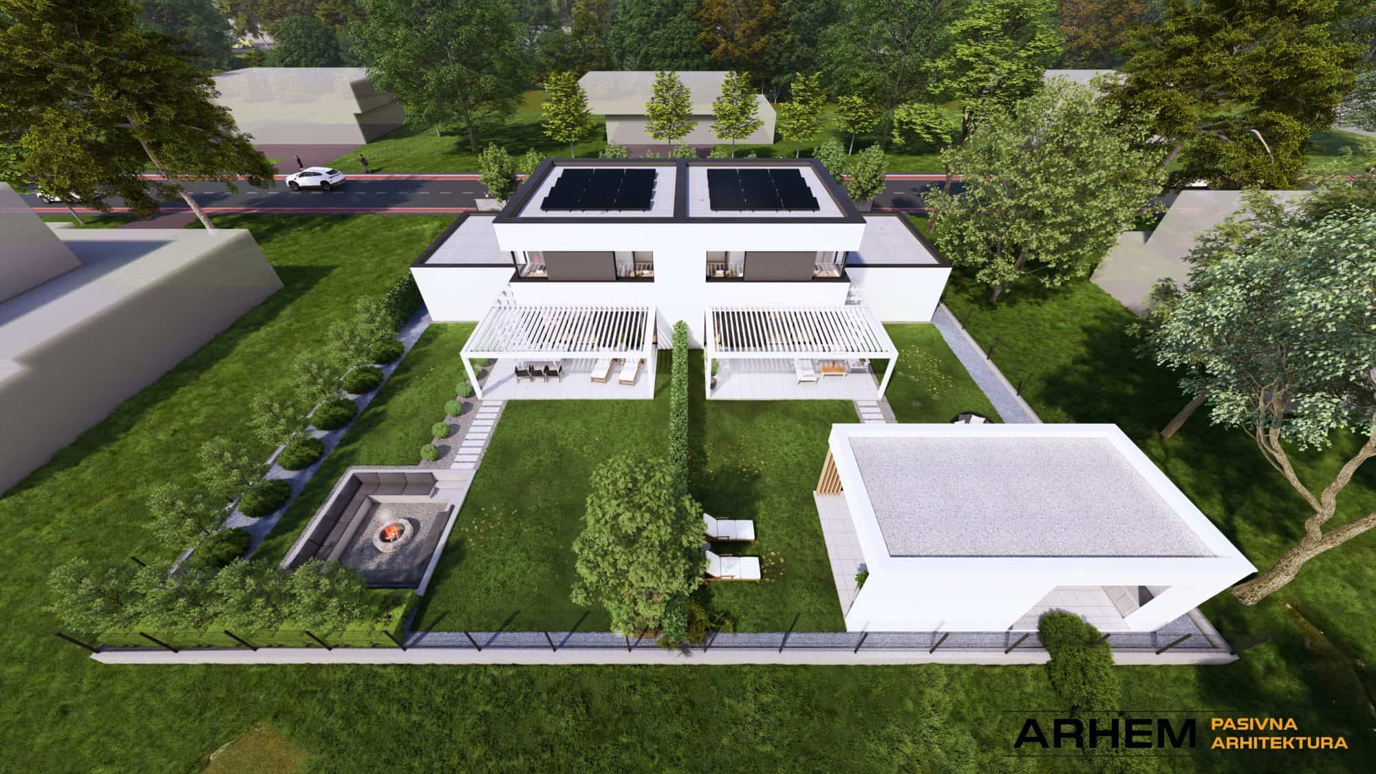 Pasivna hiša – dvojček P- Domžale – Arhem.si in PasivnaGradnja.si – dnevni_18 – vizualizacija Pasivna hiša dvojček v Domžalah – sodobna arhitektura z vrtom in nadstreškom, projekt Arhem.si – PasivnaGradnja.si