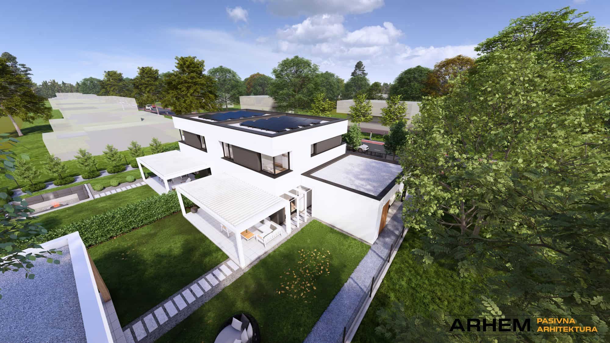 Pasivni dvojček P- Domžale – Arhem.si in PasivnaGradnja.si – dnevni_20 – Vizualizacija Pasivna hiša dvojček v Domžalah – sodobna arhitektura z vrtom in nadstreškom, projekt Arhem.si – PasivnaGradnja.si
