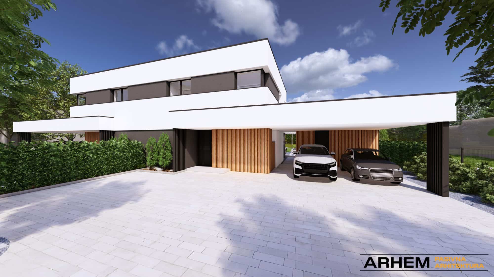 Pasivni dvojček P- Domžale – Arhem.si in PasivnaGradnja.si – dnevni_22 – Vizualizacija Pasivna hiša dvojček v Domžalah – sodobna arhitektura z vrtom in nadstreškom, projekt Arhem.si – PasivnaGradnja.si