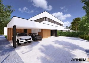 Pasivna hiša dvojček v Domžalah – sodobna arhitektura z vrtom in nadstreškom, projekt Arhem.si – PasivnaGradnja.si