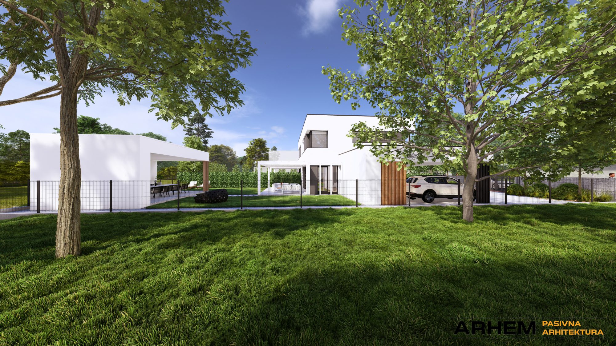 Pasivni dvojček P- Domžale – Arhem.si in PasivnaGradnja.si – dnevni_10 – vizualizacija Pasivna hiša dvojček v Domžalah – sodobna arhitektura z vrtom in nadstreškom, projekt Arhem.si – PasivnaGradnja.si