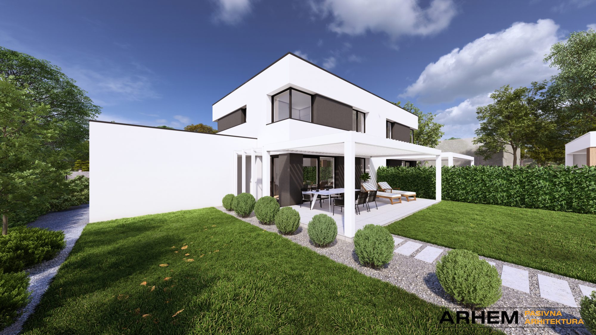 Pasivni dvojček P- Domžale – Arhem.si in PasivnaGradnja.si – dnevni – 7- vizualizacija Pasivna hiša dvojček v Domžalah – sodobna arhitektura z vrtom in nadstreškom, projekt Arhem.si – PasivnaGradnja.si
