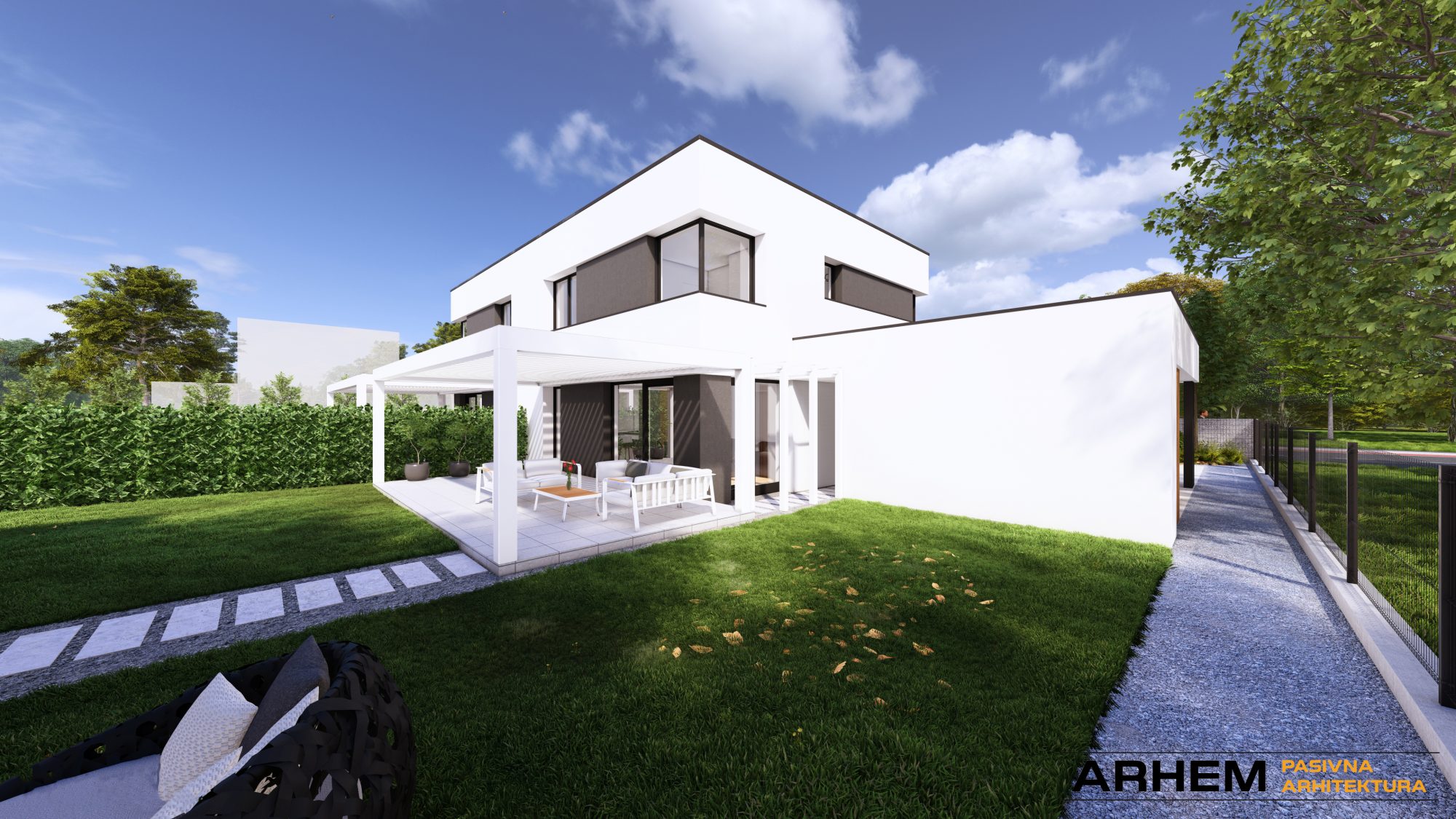 Pasivni dvojček P- Domžale – Arhem.si in PasivnaGradnja.si – dnevni_Photo – vizualizacija Pasivna hiša dvojček v Domžalah – sodobna arhitektura z vrtom in nadstreškom, projekt Arhem.si – PasivnaGradnja.si