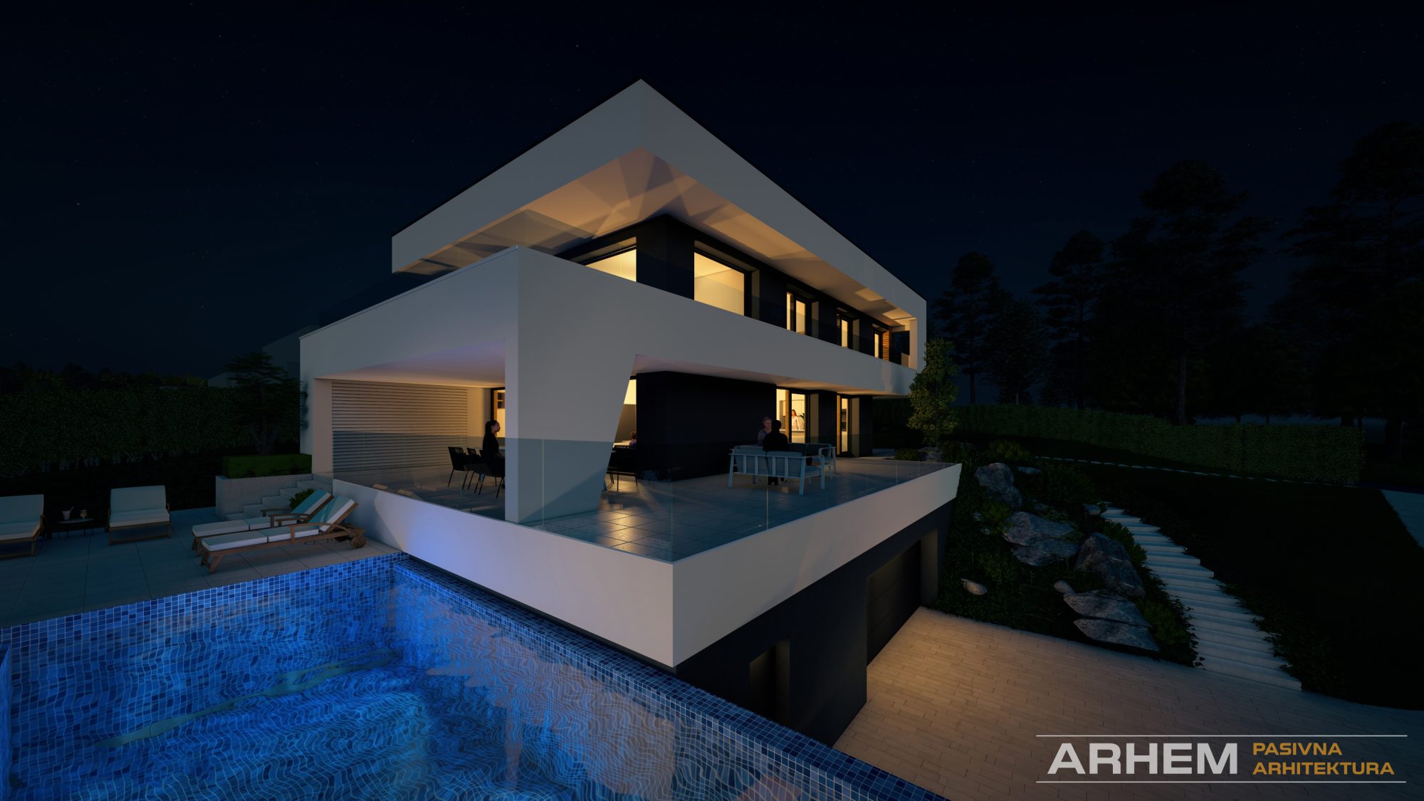 pasivna-hisa-maribor-nocni-pogled-na-JZ-del-pasivne-hise-iz-bazena-25 Pasivna hiša v Mariboru – Nočni pogled iz bazena na teraso pritličja, Projekt: Arhem.si – PasivnaGradnja.si