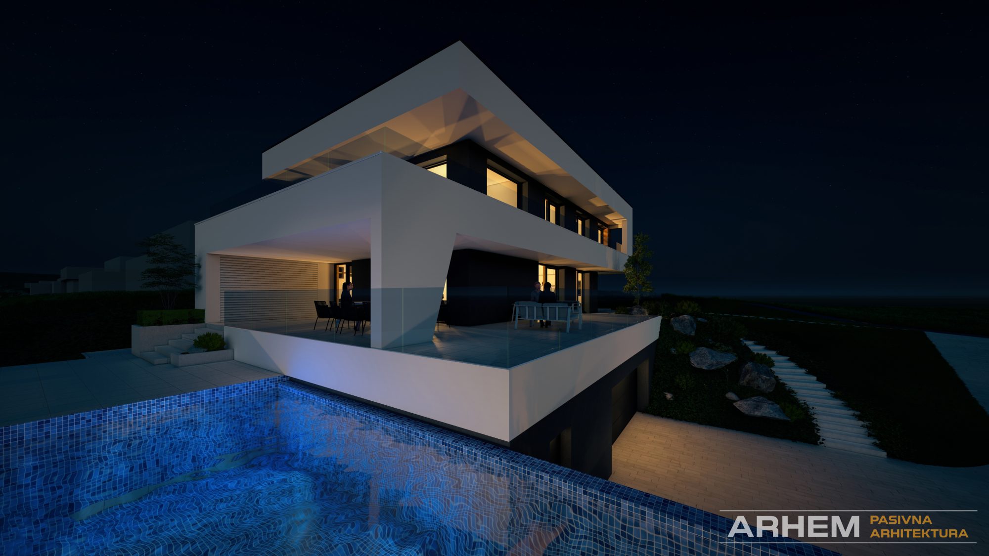 pasivna-hisa-maribor-nocni-pogled-na-pasivno-hiso-iz-bazena-14 Pasivna hiša v Mariboru – Nočni pogled iz bazena proti Pasivni hiši, Projekt: Arhem.si – PasivnaGradnja.si