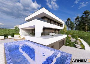 Pasivna hiša v Mariboru – Dnevni pogled iz bazena proti objektu in nadkriti terasi, Projekt: Arhem.si – PasivnaGradnja.si