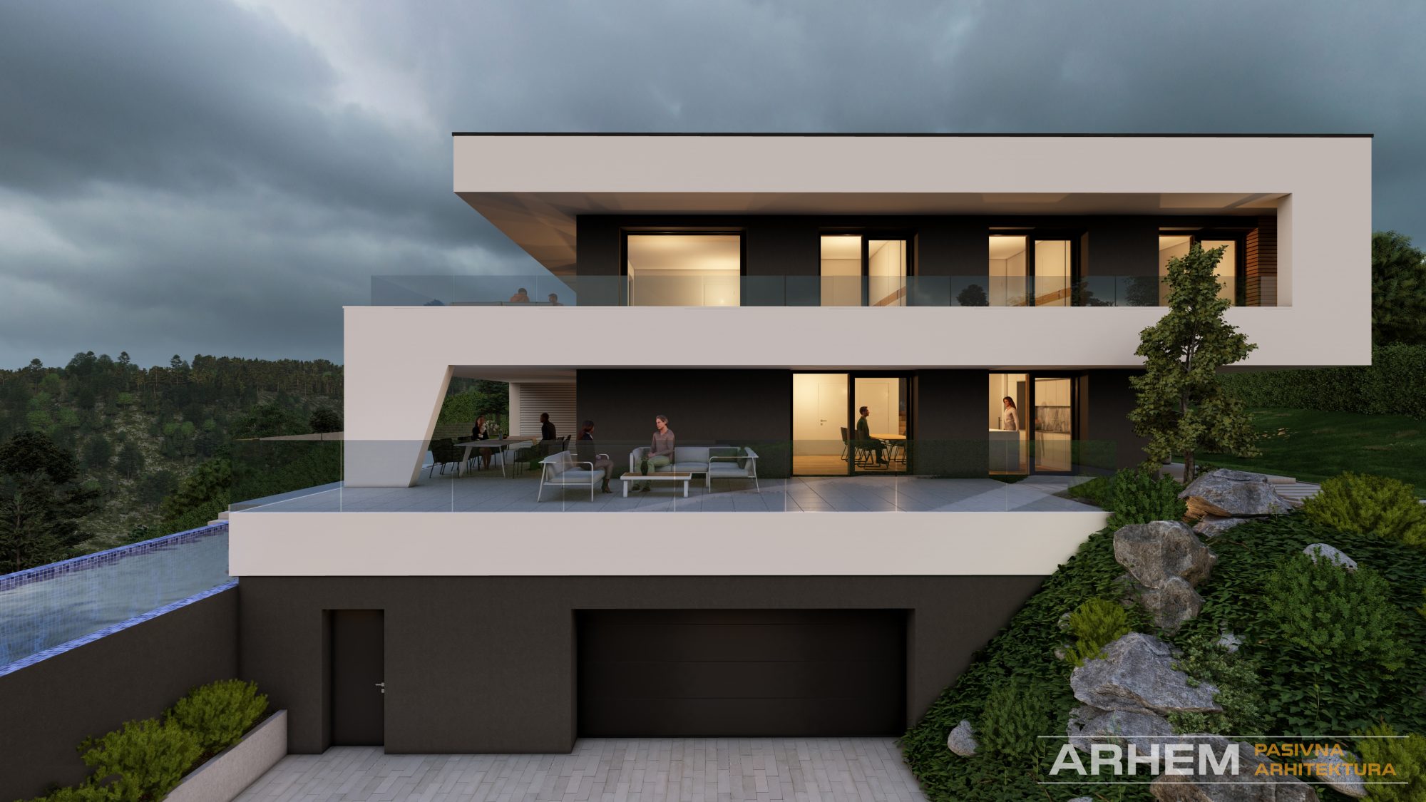 pasivna-hisa-maribor-vecerni-pogled-na-juzni-del-pasivne-hise-18 Pasivna hiša v Mariboru – pogled na južno fasado objekta, projekt Arhem.si – PasivnaGradnja.si