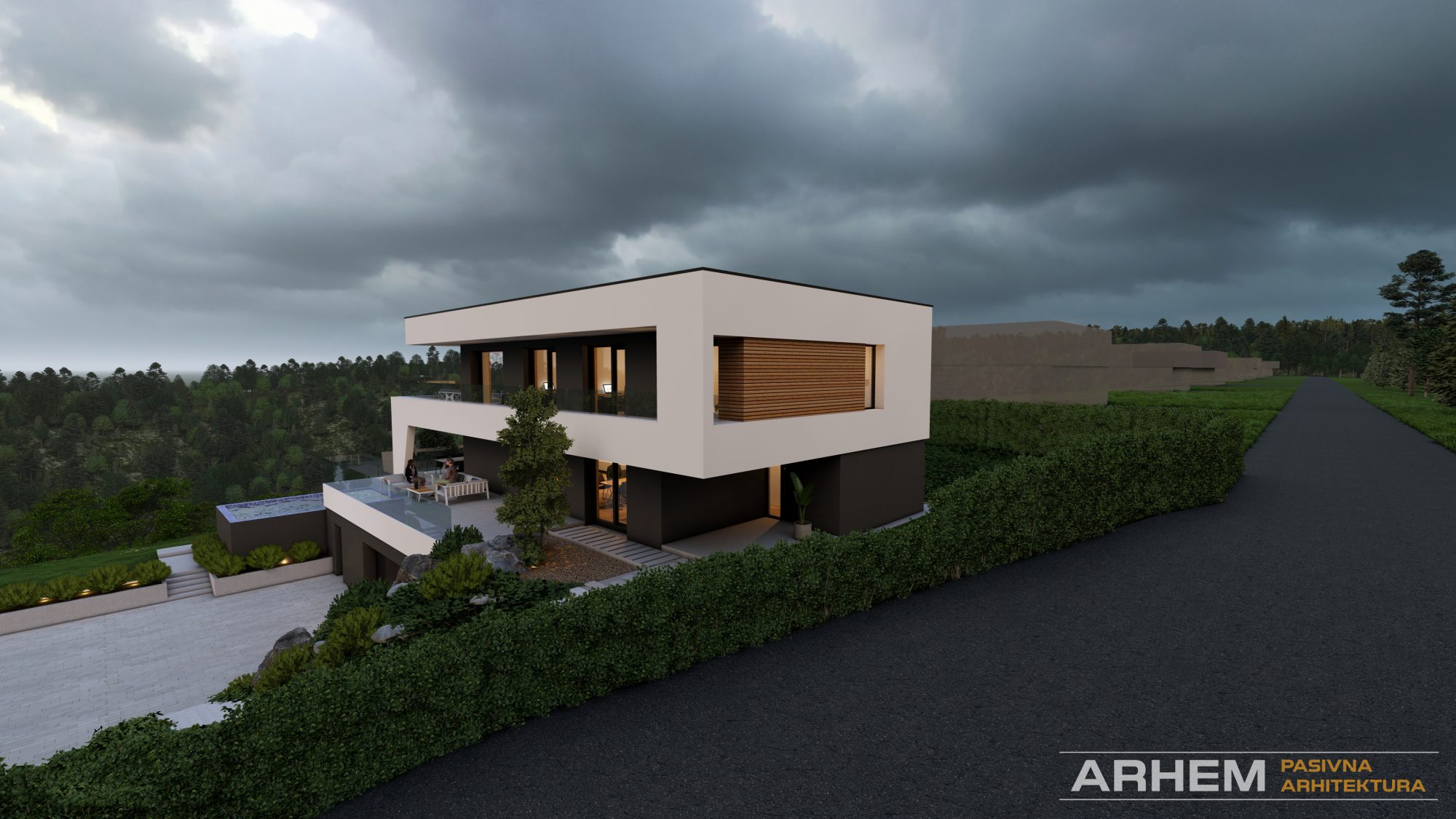 pasivna-hisa-maribor-vecerni-pogled-na-vhodni-del-pasivne-hise-17 Pasivna hiša v Mariboru – Večerni pogled iz zraka nad dovozno potjo, projekt Arhem.si – PasivnaGradnja.si