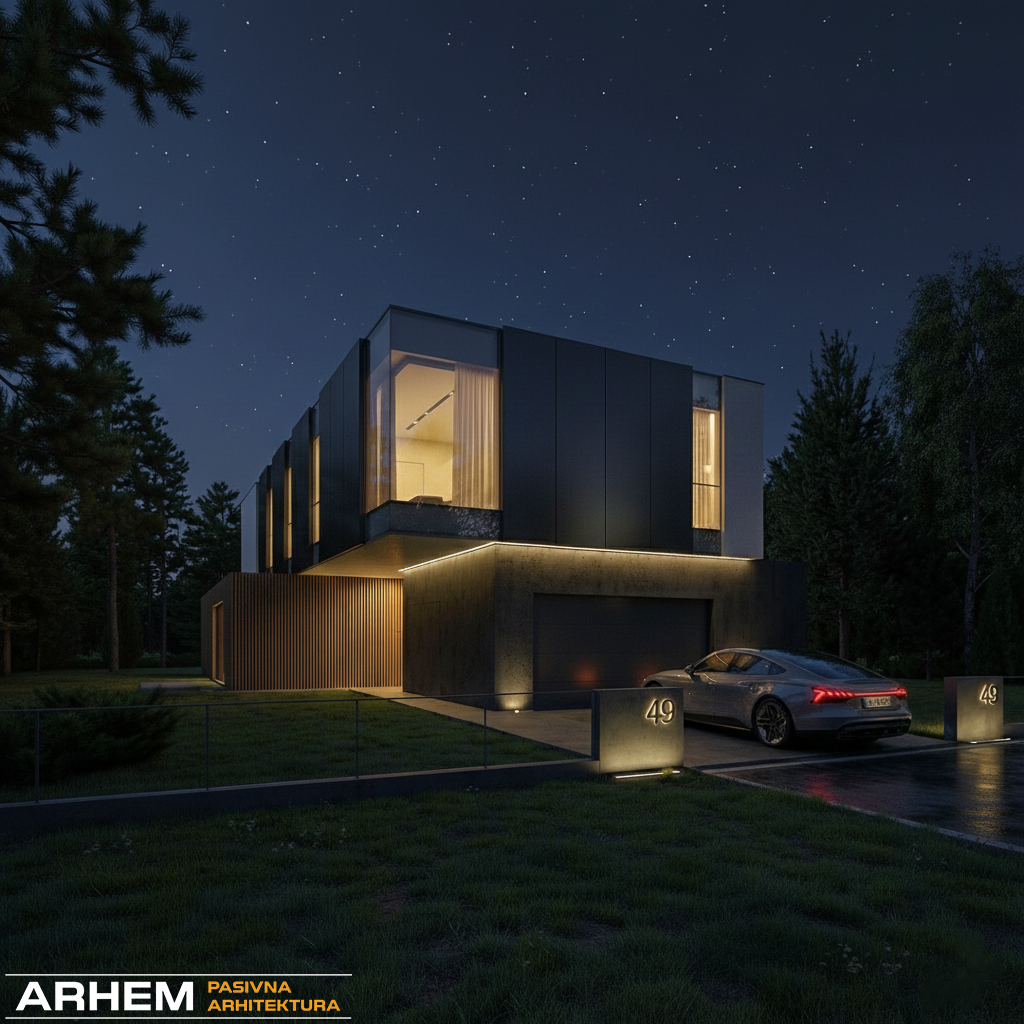 Pasivna hiša A – Ljubljana – Arhem.si in PasivnaGradnja.si – kvadrat – 2 – nočna – logo