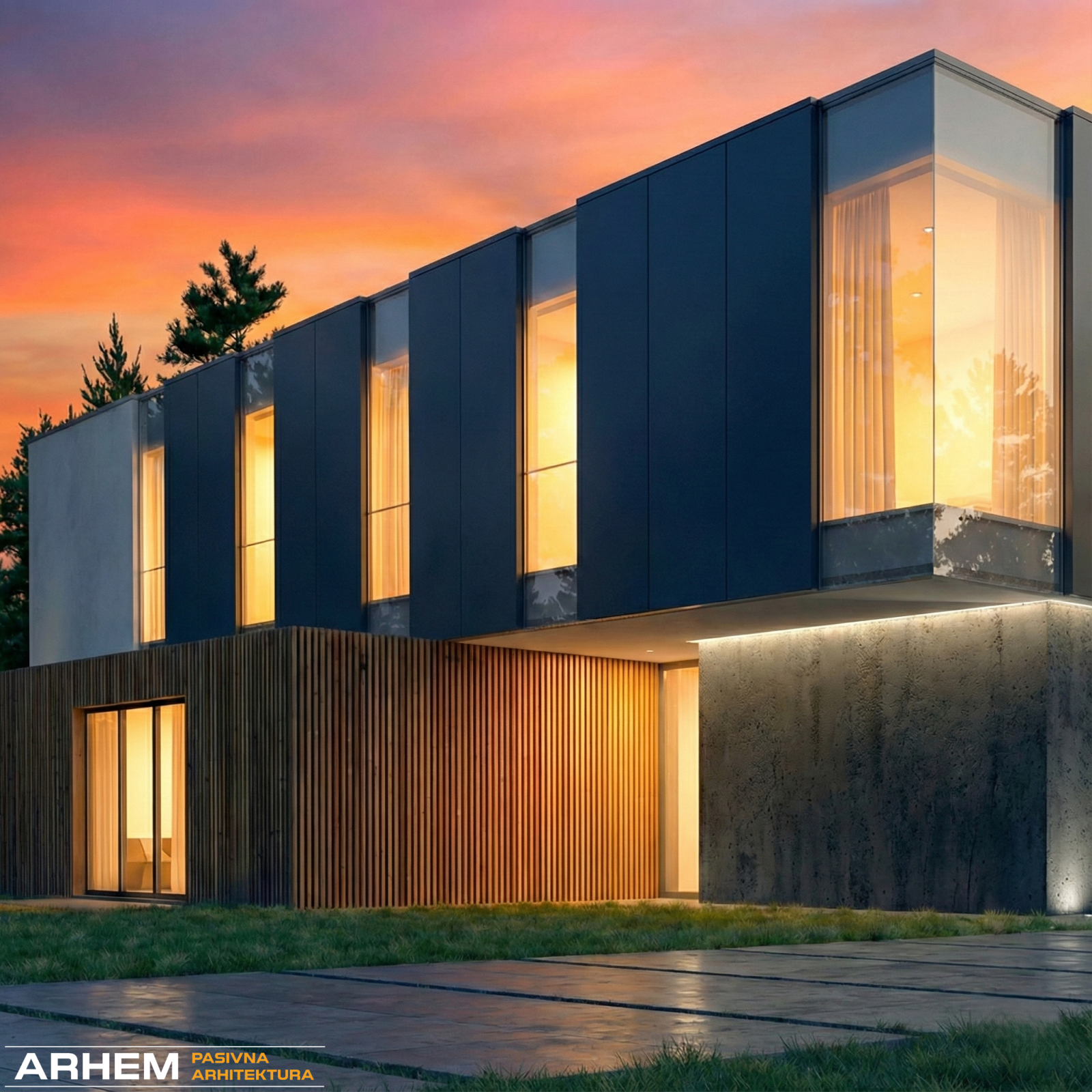 Pasivna hiša A – Ljubljana – Arhem.si in PasivnaGradnja.si – kvadrat – 4 – nočni blizu – logo