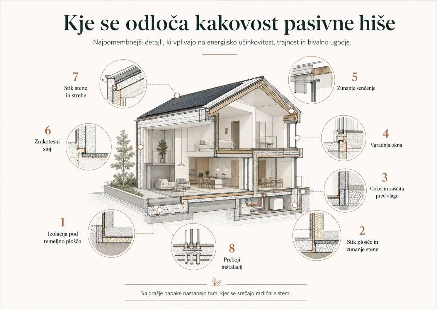 Tehnični prerez pasivne hiše z označenimi kritičnimi izvedbenimi detajli