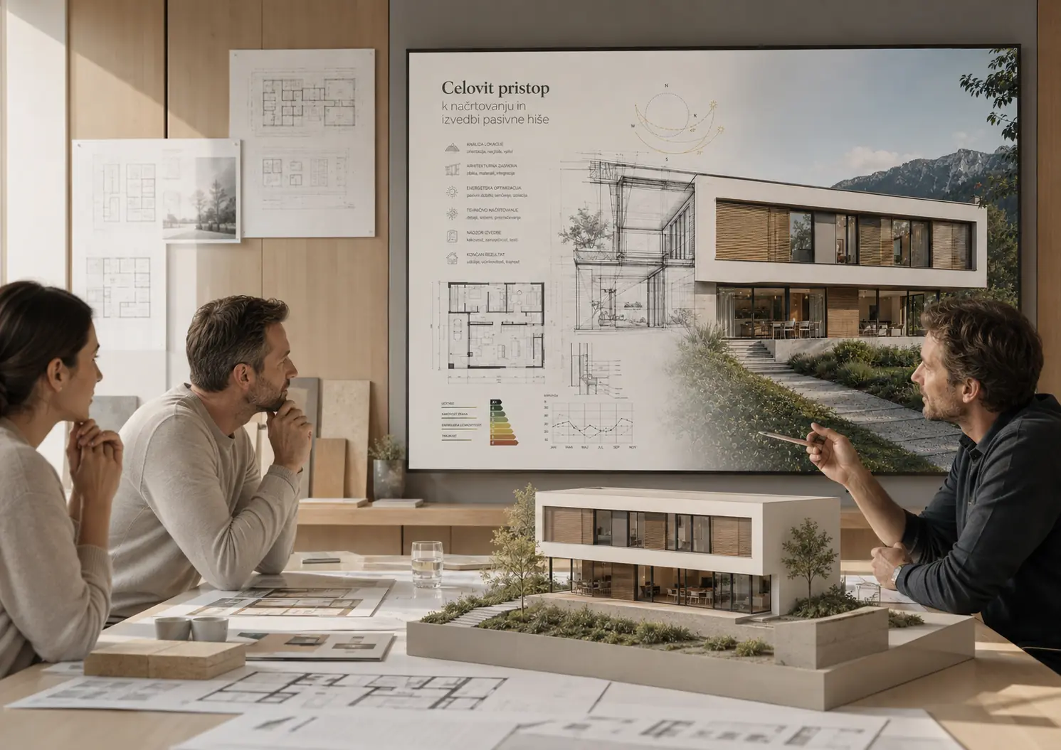 Arhitekt z investitorjema usklajuje zasnovo sodobne pasivne hiše ob fizičnem modelu in energetskih analizah